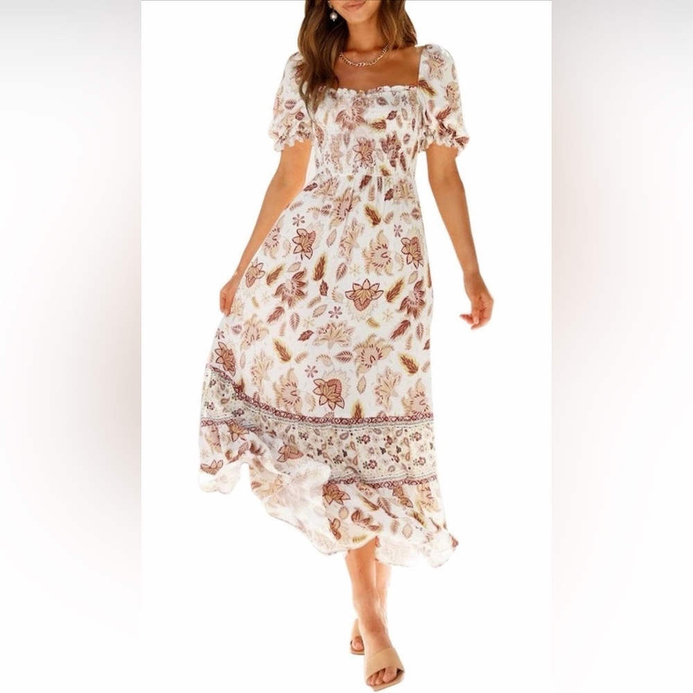 🆕Floral Puff-Sleeve Midi Dress in Multicolor